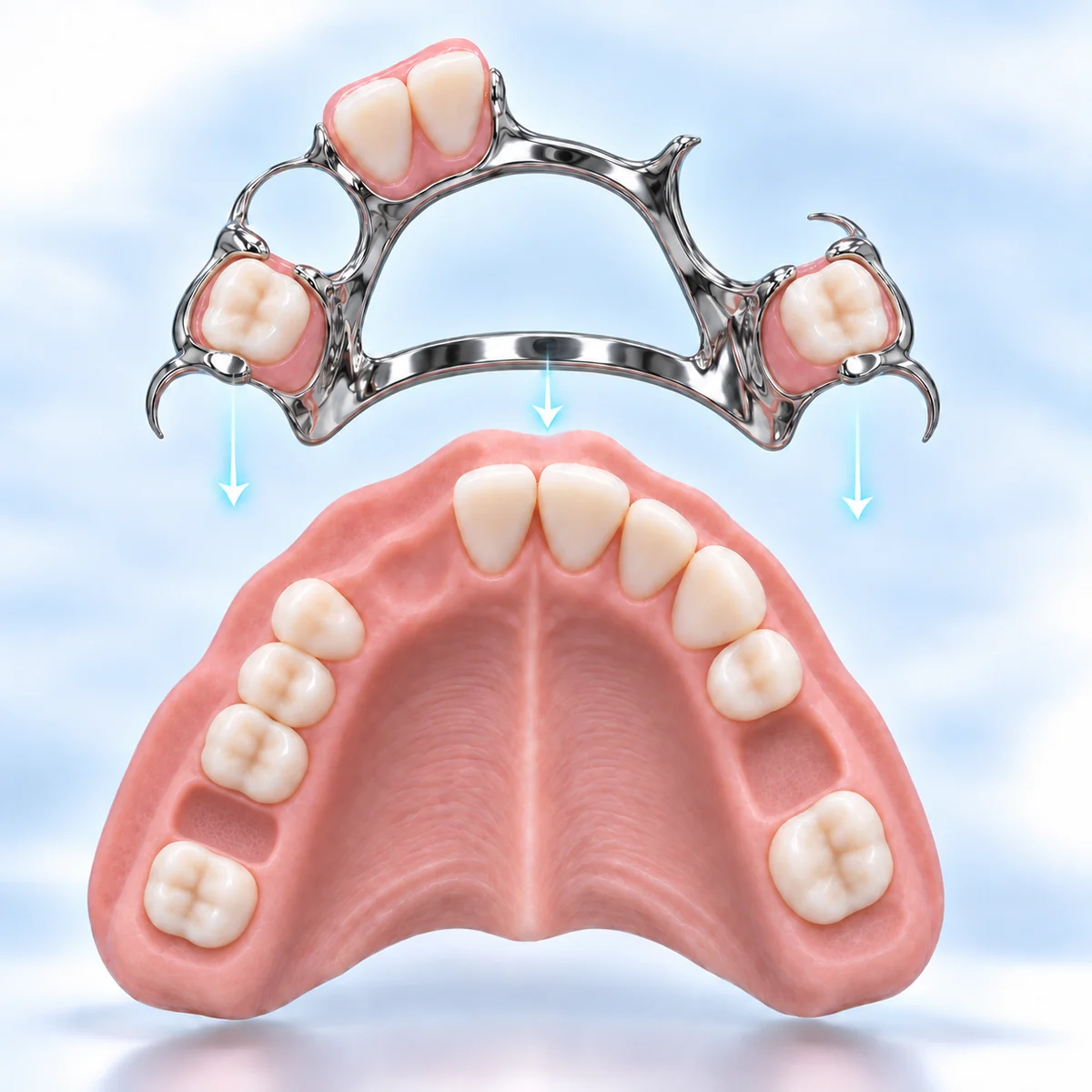 Four-tooth polished chrome partial denture with less palate coverage and correct premolar and molar anatomy