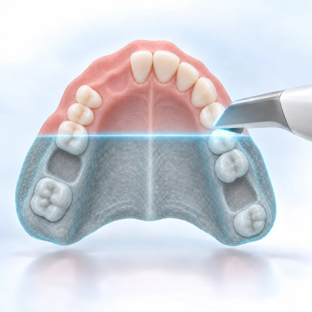 A digital scan moving across a pink upper model with UR2, UR3 and two posterior teeth missing, showing two premolars followed by a correctly shaped UR6 molar