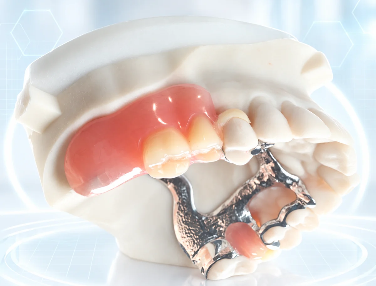Bright high-technology presentation of a real digitally produced cobalt-chrome partial denture